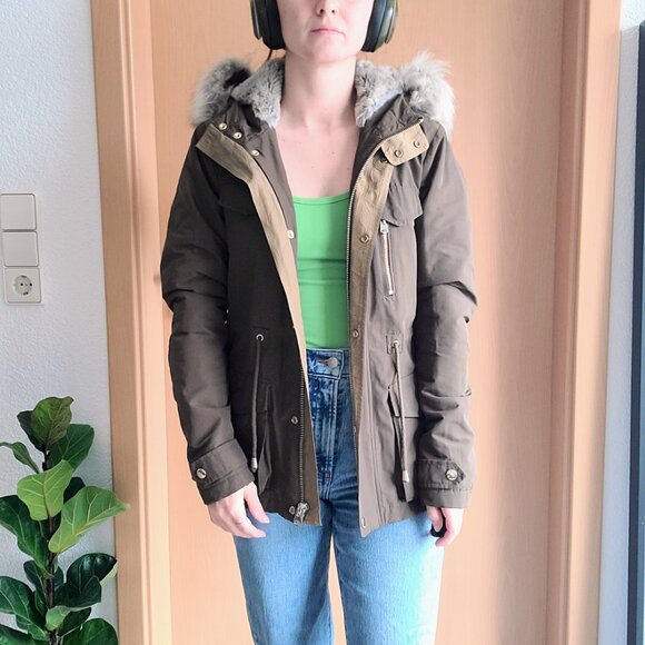 TopShop Jaxson Olive Green Faux Fur Hooded Lined Anorak Peacoat Jacket US Size 2 - Picture 15 of 16
